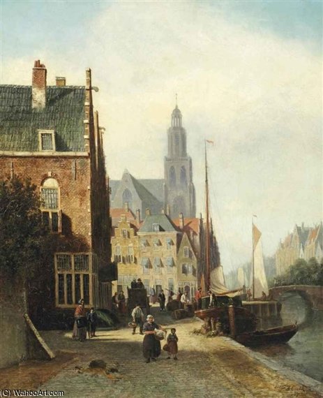 Wikioo.org - The Encyclopedia of Fine Arts - Painting, Artwork by Johannes Frederik Hulk - Daily Activities On A Quay In A Dutch Town