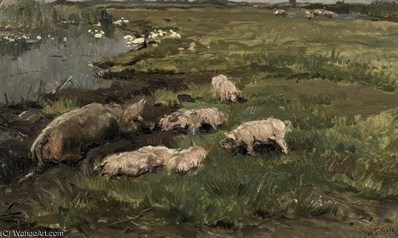 Wikioo.org - The Encyclopedia of Fine Arts - Painting, Artwork by Johannes Frederik Hulk - Pigs In The Mud
