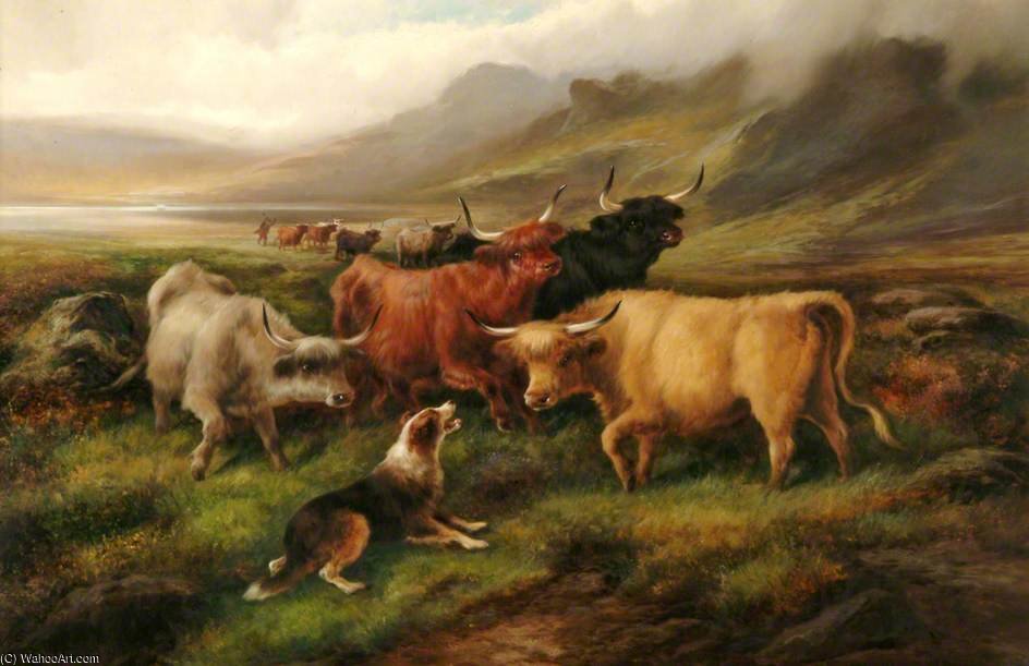 Wikioo.org - The Encyclopedia of Fine Arts - Painting, Artwork by John Morris - Highland Cattle In Mountain Scene