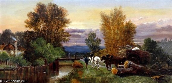 Wikoo.org - موسوعة الفنون الجميلة - اللوحة، العمل الفني John Morris - Horse And Cart On Riverside Towpath