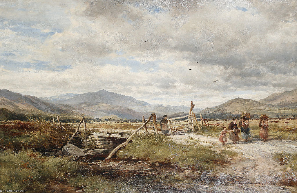 Wikioo.org - The Encyclopedia of Fine Arts - Painting, Artwork by John Syer - Figures On A Track With Mountains In The Distance