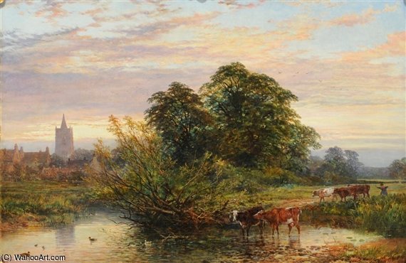 WikiOO.org - Enciklopedija dailės - Tapyba, meno kuriniai John Syer - Summer Landscape With A Drover And Cattle Crossing A River At Eventide