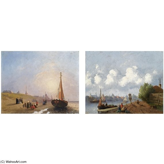 WikiOO.org - אנציקלופדיה לאמנויות יפות - ציור, יצירות אמנות Joseph Bles - Figures Near A River, A Town In The Distance (a Pair)