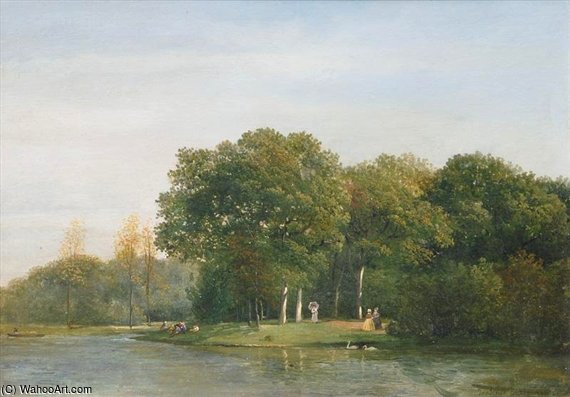 WikiOO.org - Encyclopedia of Fine Arts - Schilderen, Artwork Julius Jacobus Van De Sande Bakhuyzen - Wooded Waterside With Elegant Party