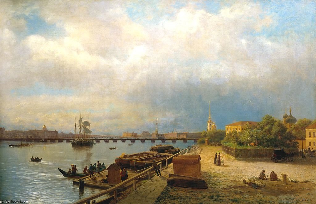 Wikioo.org - สารานุกรมวิจิตรศิลป์ - จิตรกรรม Lev Felixovich Lagorio - View Of The Neva River And Peter & Paul Embankment With The Cabin Of Peter The Great