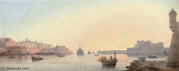Wikioo.org – La Enciclopedia de las Bellas Artes - Pintura, Obras de arte de Luigi Maria Galea - Un convoy Entrando Valetta Harbour