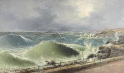 Wikioo.org - The Encyclopedia of Fine Arts - Painting, Artwork by Luigi Maria Galea - Approaching Harbour In Choppy Seas