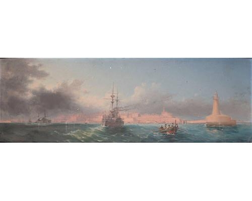 Wikioo.org - The Encyclopedia of Fine Arts - Painting, Artwork by Luigi Maria Galea - Warships Steaming Out Of The Grand Harbour