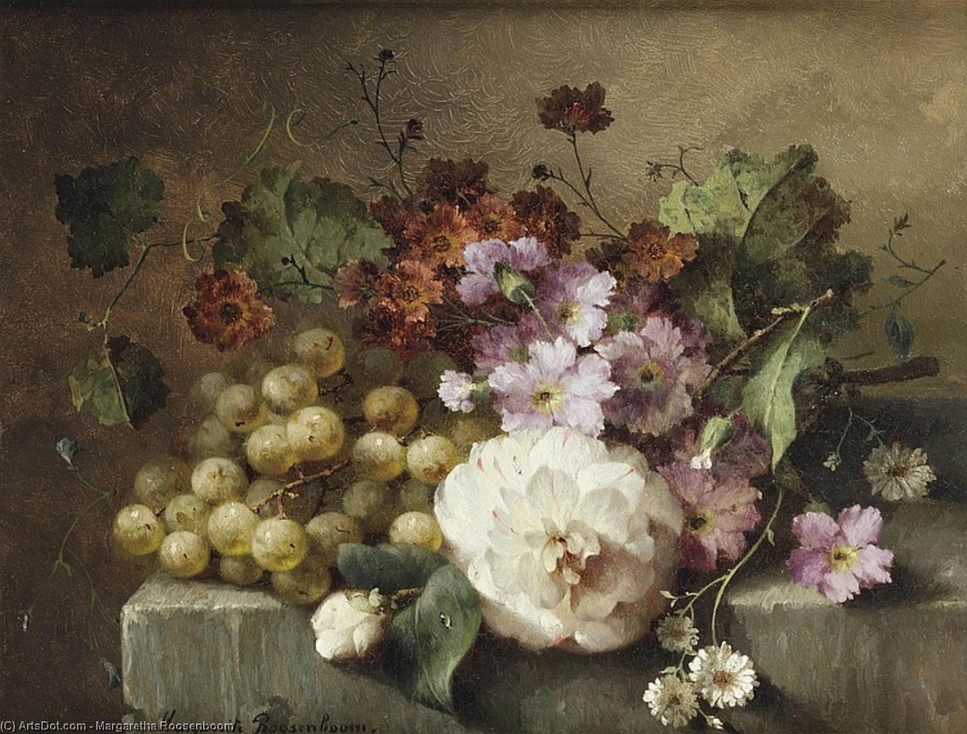 Wikioo.org - Bách khoa toàn thư về mỹ thuật - Vẽ tranh, Tác phẩm nghệ thuật Margaretha Roosenboom - A Camellia, Carnations, Grapes And Other Flowers On A Marble Ledge