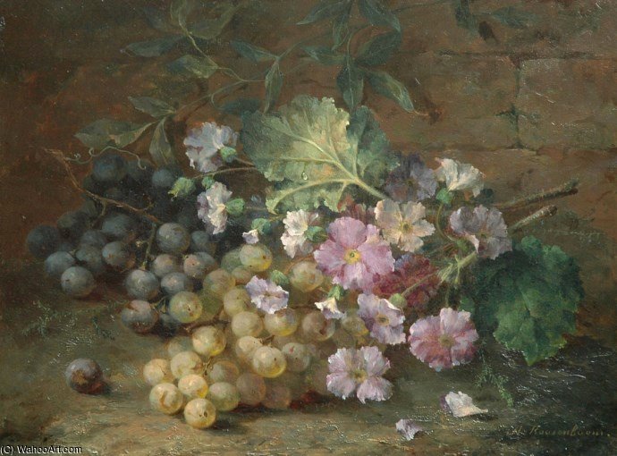 Wikioo.org - The Encyclopedia of Fine Arts - Painting, Artwork by Margaretha Roosenboom - A Still Life With Primroses And Grapes