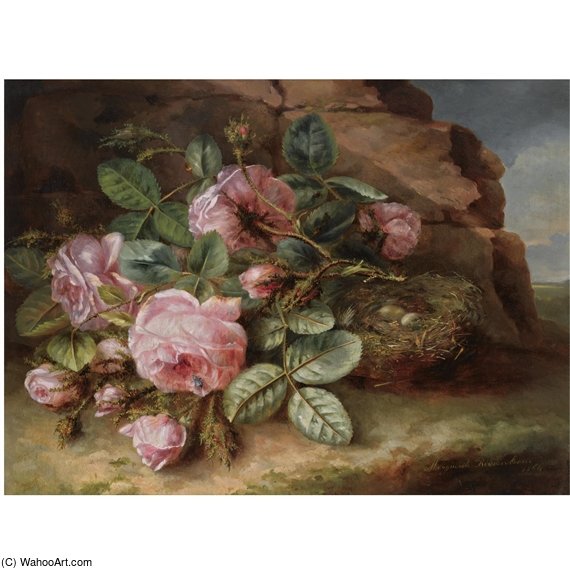Wikioo.org - The Encyclopedia of Fine Arts - Painting, Artwork by Margaretha Roosenboom - A Still Life With Roses Near A Bird's Nest