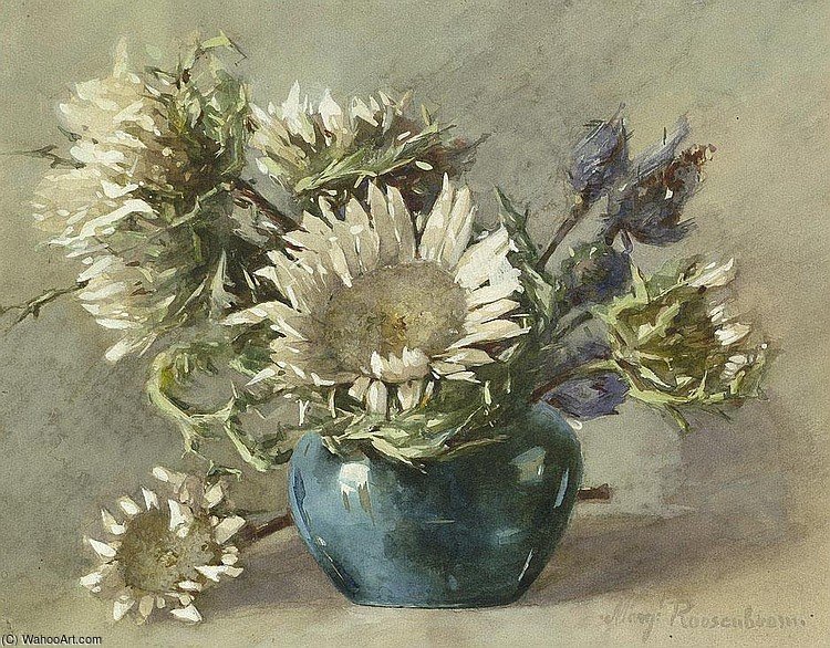 WikiOO.org - Encyclopedia of Fine Arts - Malba, Artwork Margaretha Roosenboom - Disteln In Blauer Vase. Aquarell Auf