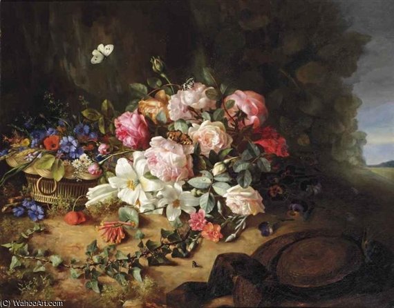 Wikioo.org - The Encyclopedia of Fine Arts - Painting, Artwork by Margaretha Roosenboom - Gallica Roses, White Lilies, Carnations