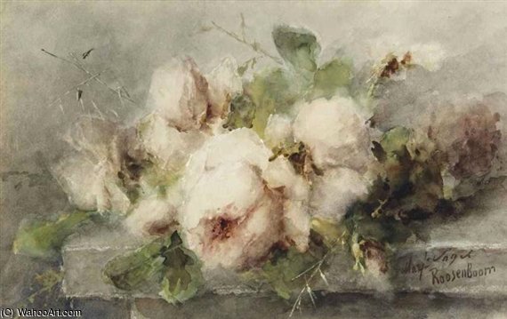 Wikioo.org - The Encyclopedia of Fine Arts - Painting, Artwork by Margaretha Roosenboom - Pink Roses On A Stone Ledge