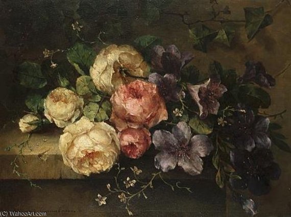Wikioo.org - The Encyclopedia of Fine Arts - Painting, Artwork by Margaretha Roosenboom - Still Life Of Roses And Convolvulus On A Stone Ledge