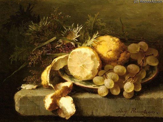 Wikioo.org - The Encyclopedia of Fine Arts - Painting, Artwork by Margaretha Roosenboom - Still Life With Grapes And Lemons On A Ledge