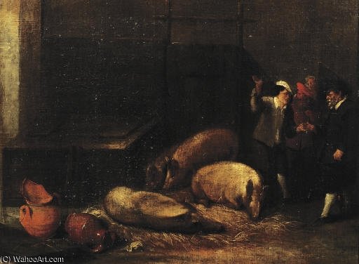 WikiOO.org - Encyclopedia of Fine Arts - Maalaus, taideteos Matheus Van Helmont - A Gentleman And A Peasant Making A Deal On The Sale Of A Pig In A Pigsty