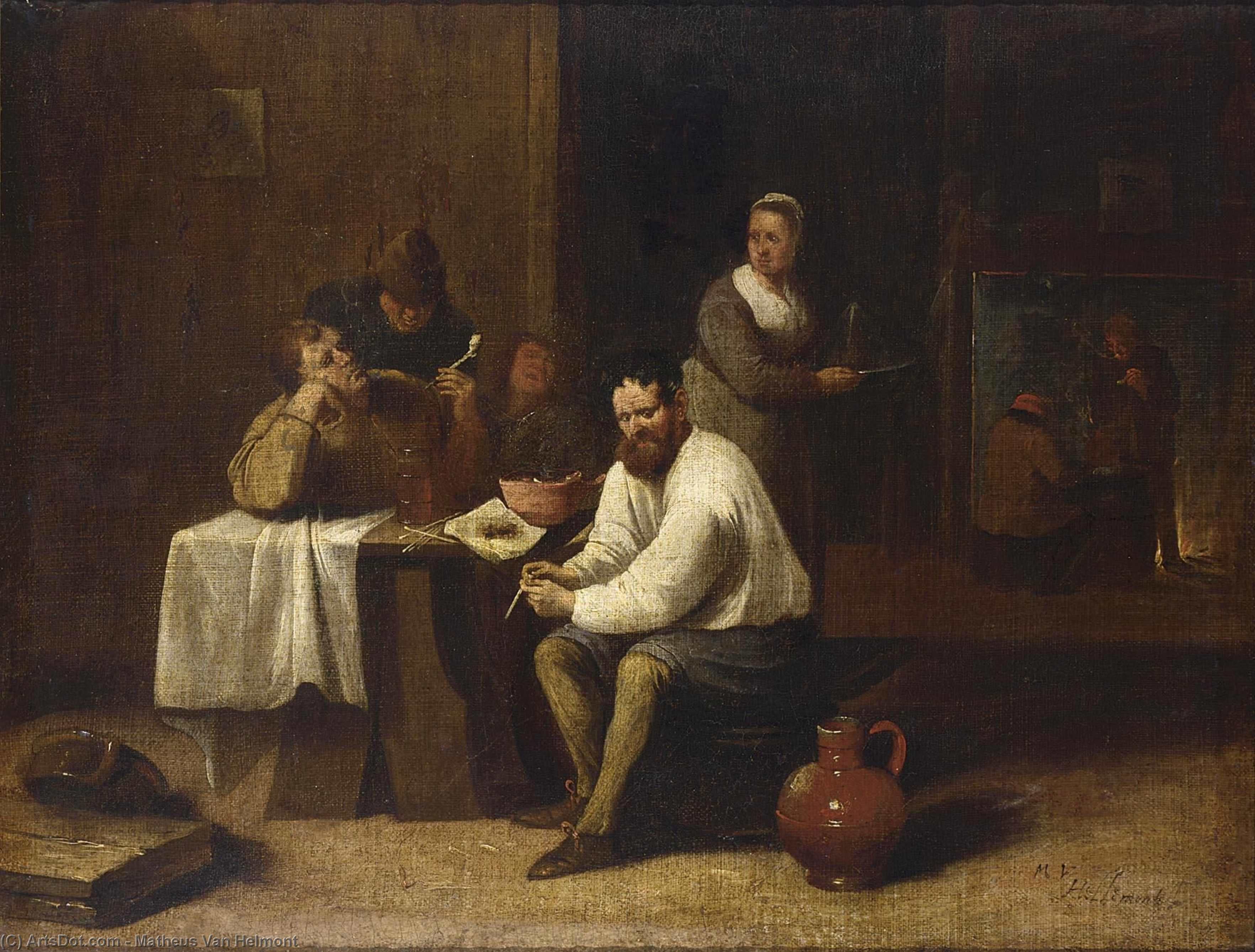 WikiOO.org - 百科事典 - 絵画、アートワーク Matheus Van Helmont - 農民 座っている 周りに テーブル そして、喫煙 , 近くの数字 暖炉 教会に 背景
