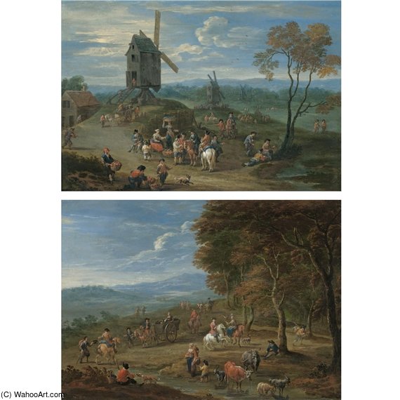 Wikioo.org - The Encyclopedia of Fine Arts - Painting, Artwork by Mathys Schoevaerdts - An Extensive Landscape With Peasants Selling Fruit Before A Series Of Windmills