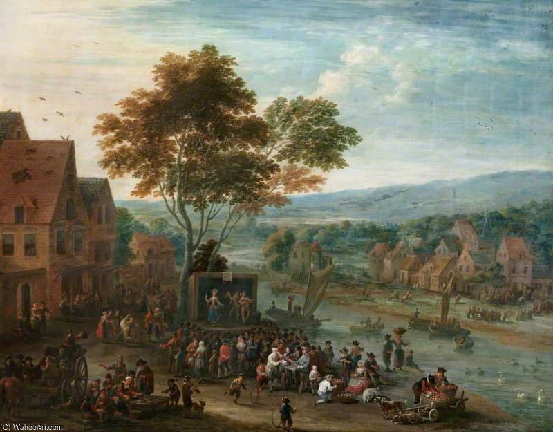 Wikioo.org - The Encyclopedia of Fine Arts - Painting, Artwork by Mathys Schoevaerdts - An Extensive River Landscape With Travelling Theatrical Troupe