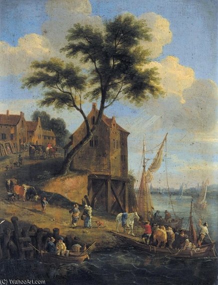 Wikioo.org - The Encyclopedia of Fine Arts - Painting, Artwork by Mathys Schoevaerdts - Figures Disembarking From A Ferry With Their Horses