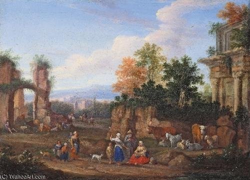 Wikioo.org - The Encyclopedia of Fine Arts - Painting, Artwork by Mathys Schoevaerdts - Landschaftscapriccio Mit Hirten Und Tieren