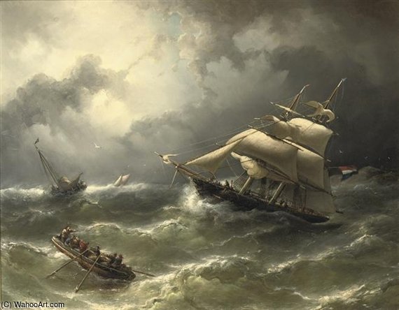 WikiOO.org - 백과 사전 - 회화, 삽화 Nicolaas Riegen - A Two-master Caught In Stormy Weather