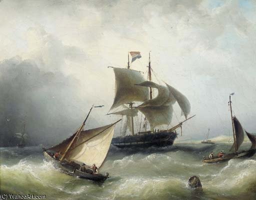 Wikioo.org - The Encyclopedia of Fine Arts - Painting, Artwork by Nicolaas Riegen - Busy Shipping In A Breeze Off The Coast