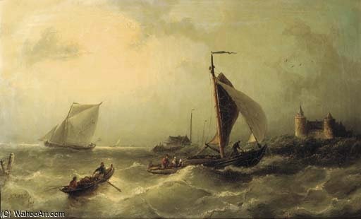 WikiOO.org - Encyclopedia of Fine Arts - Maľba, Artwork Nicolaas Riegen - Heading For Shore Near The Muiderslot