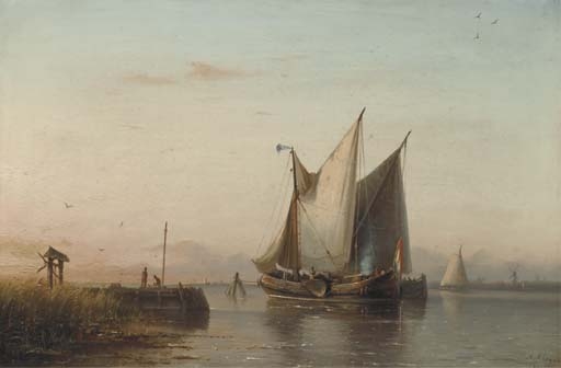 Wikioo.org - The Encyclopedia of Fine Arts - Painting, Artwork by Nicolaas Riegen - Sailing Vessels In A Calm Estuary At Dusk