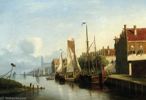 Wikioo.org - The Encyclopedia of Fine Arts - Painting, Artwork by Nicolaas Riegen - Sailingvessel Along A Quay, A Church Towering In The Distance
