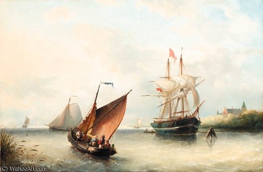 Wikioo.org - The Encyclopedia of Fine Arts - Painting, Artwork by Nicolaas Riegen - Shipping In A River Estuary On A Windy Day