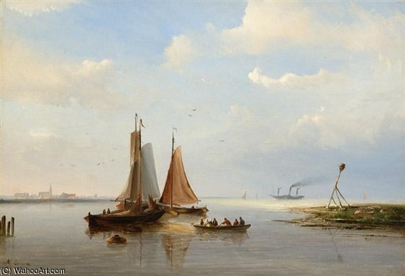 WikiOO.org - Encyclopedia of Fine Arts - Maleri, Artwork Nicolaas Riegen - Three Boats By A Rivermouth