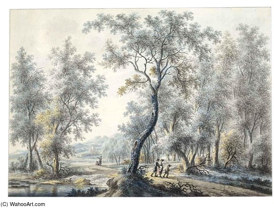 Wikioo.org - The Encyclopedia of Fine Arts - Painting, Artwork by Nicolaas Wicart - Wooded River Landscape With Travellers