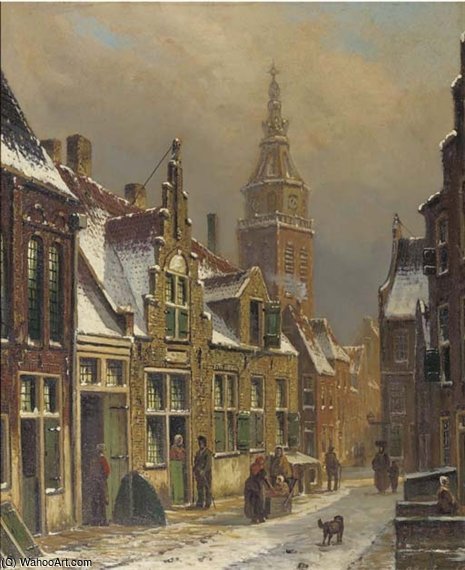 Wikioo.org – La Enciclopedia de las Bellas Artes - Pintura, Obras de arte de Oene Romkes De Jongh - Una ciudad holandesa en un día soleado en invierno