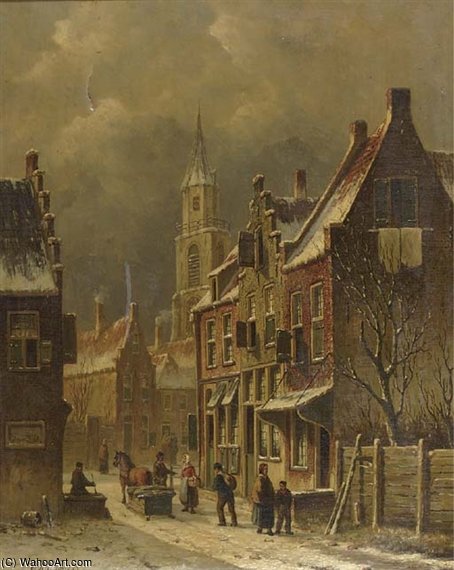 Wikioo.org - สารานุกรมวิจิตรศิลป์ - จิตรกรรม Oene Romkes De Jongh - A Townview In Winter With Figures Conversing