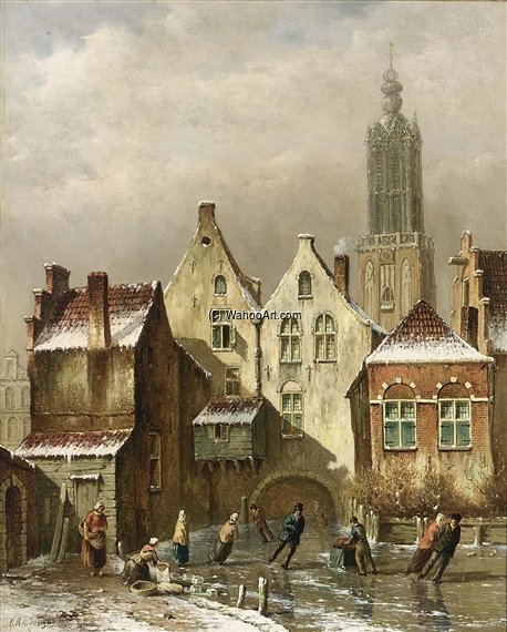 Wikioo.org - The Encyclopedia of Fine Arts - Painting, Artwork by Oene Romkes De Jongh - A View Of A Dutch Town With Skaters On A Frozen Canal