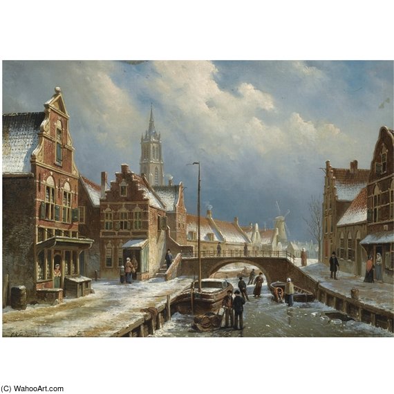 Wikioo.org - The Encyclopedia of Fine Arts - Painting, Artwork by Oene Romkes De Jongh - Figures On A Frozen Canal In A Dutch Town