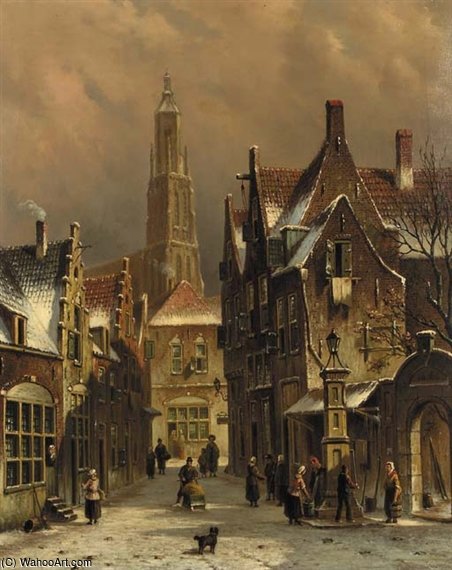 WikiOO.org - Encyclopedia of Fine Arts - Festés, Grafika Oene Romkes De Jongh - Numerous Townsfolk In A City In Winter