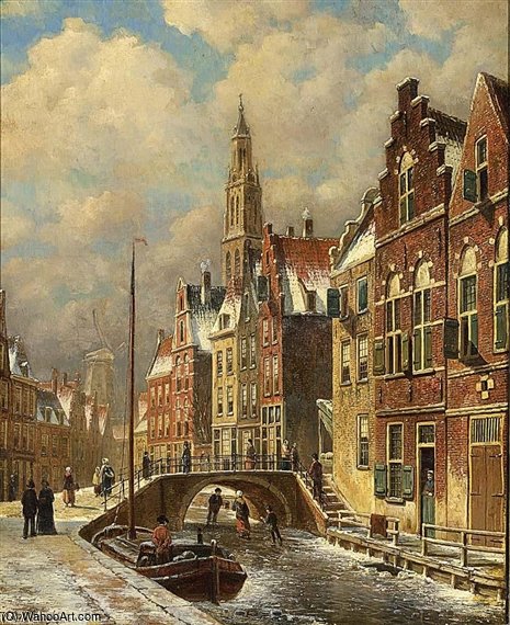 WikiOO.org - Enciclopédia das Belas Artes - Pintura, Arte por Oene Romkes De Jongh - Skaters On A Canal In A Dutch Town