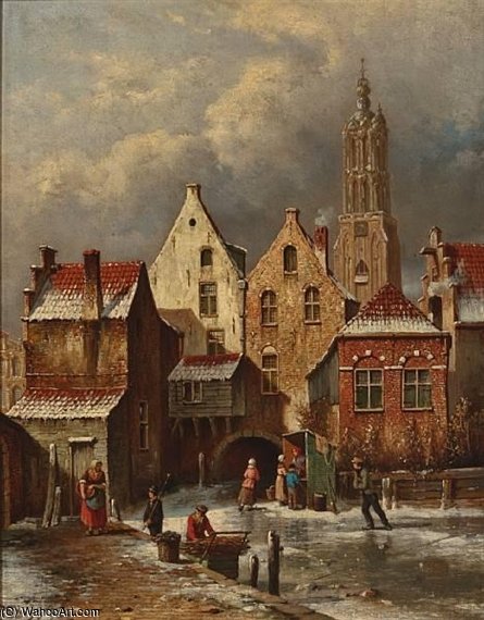 WikiOO.org - 백과 사전 - 회화, 삽화 Oene Romkes De Jongh - Winter In Haarlem