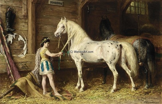 WikiOO.org - Enciklopedija likovnih umjetnosti - Slikarstvo, umjetnička djela Otto Eerelman - A Circus Girl Grooming The Horses