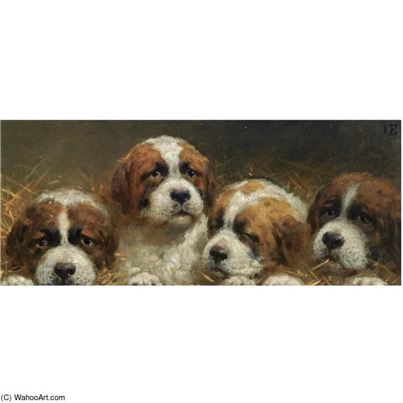 Wikioo.org – L'Encyclopédie des Beaux Arts - Peinture, Oeuvre de Otto Eerelman - Quatre Curious chiots Saint Bernards
