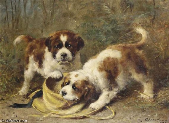 Wikioo.org - The Encyclopedia of Fine Arts - Painting, Artwork by Otto Eerelman - Two Saint-bernard Puppies Playing With A Hat