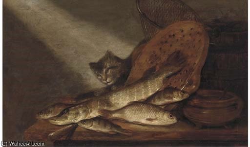 Wikioo.org - The Encyclopedia of Fine Arts - Painting, Artwork by Pieter De Putter - A Cat, Dead Fish, Earthenware Pots And A Fishing Net On A Table