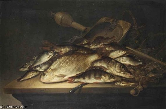 Wikioo.org – La Enciclopedia de las Bellas Artes - Pintura, Obras de arte de Pieter De Putter - Un Pike, una carpa, una perca, y varios otros peces, redes y otros Equipo de pesca en una tabla
