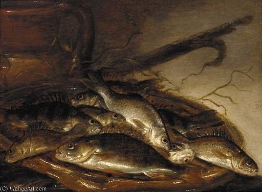 Wikioo.org - The Encyclopedia of Fine Arts - Painting, Artwork by Pieter De Putter - Pike And Perch On An Earthenware Dish