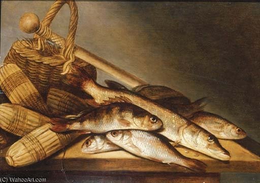 Wikioo.org - สารานุกรมวิจิตรศิลป์ - จิตรกรรม Pieter De Putter - Pike, Rudd And Perch With Fishing-nets And A Basket On A Wooden Ledge