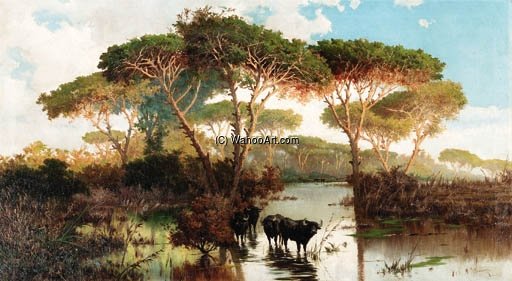 WikiOO.org - Encyclopedia of Fine Arts - Maleri, Artwork Pietro Barucci - Cattle In The Pontine Marshes