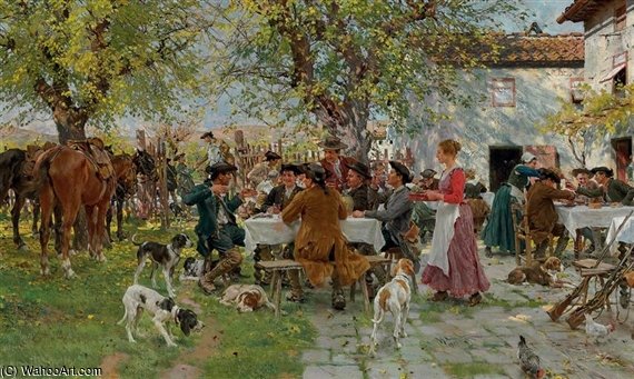 Wikioo.org - The Encyclopedia of Fine Arts - Painting, Artwork by Raffaelo Sorbi - The Huntsmen's Lunch
